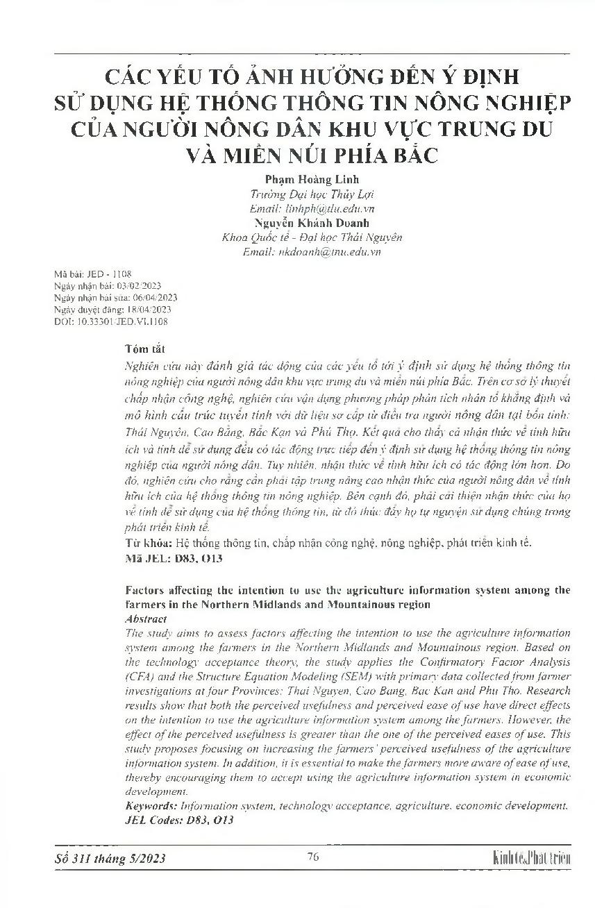 Các yếu tố ảnh hưởng đến ý định sử dụng hệ thống thông tin nông nghiệp của người nông dân khu vực trung du và miền núi phía Bắc = Factors affecting the intention to use the agriculture information system among the farmers in the Northern Midlands and Moun