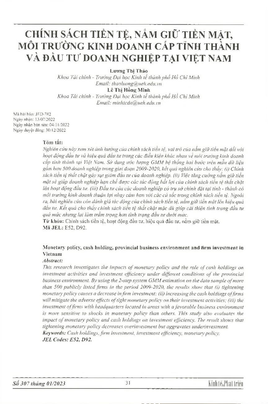 Chính sách tiền tệ, nắm giữ tiền mặt, môi trường kinh doanh cấp tỉnh thành và đầu tư doanh nghiệp tại Việt Nam = Monetary policy, cash holding, provincial business environment and firm investment in Vietnam