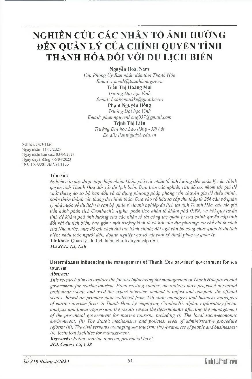 Nghiên cứu các nhân tố ảnh hưởng đến quản lý của chính quyền tỉnh Thanh Hóa đối với du lịch biển = Determinants influencing the management of Thanh Hoa province government for sea tourism