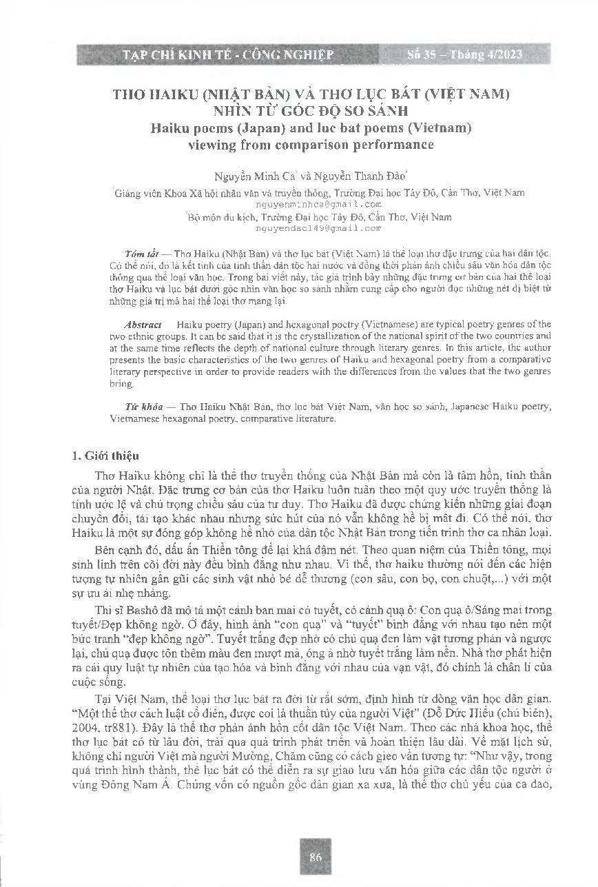 Thơ Haiku (Nhật Bản) và thơ lục bát (Việt Nam) nhìn từ góc độ so sánh = Haiku poems (Japan) and luc bat poems (Vietnam) viewing from comparison performance