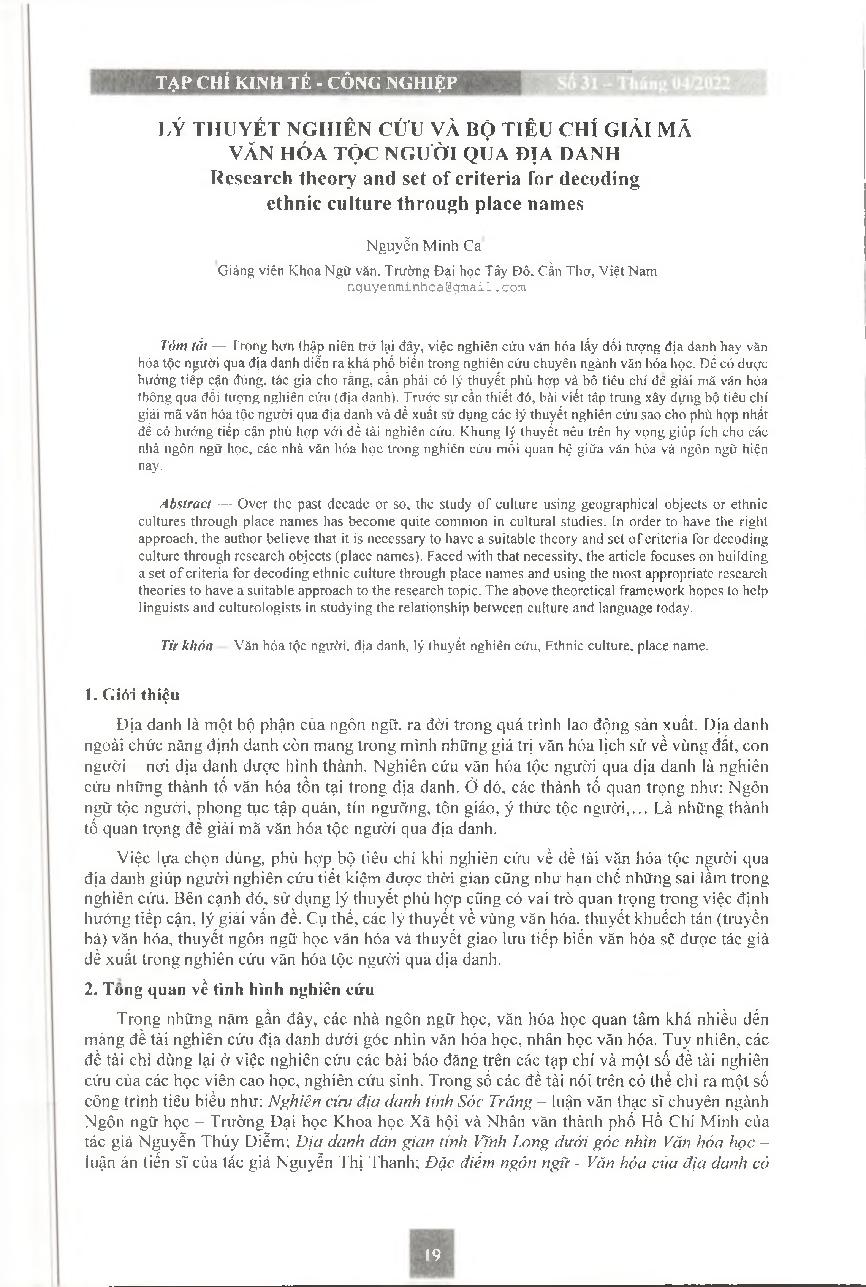 Lý thuyết nghiên cứu và bộ tiêu chí giải mã văn hóa tộc người qua địa danh = Research theory and set of criteria for decoding ethnic culture through place names