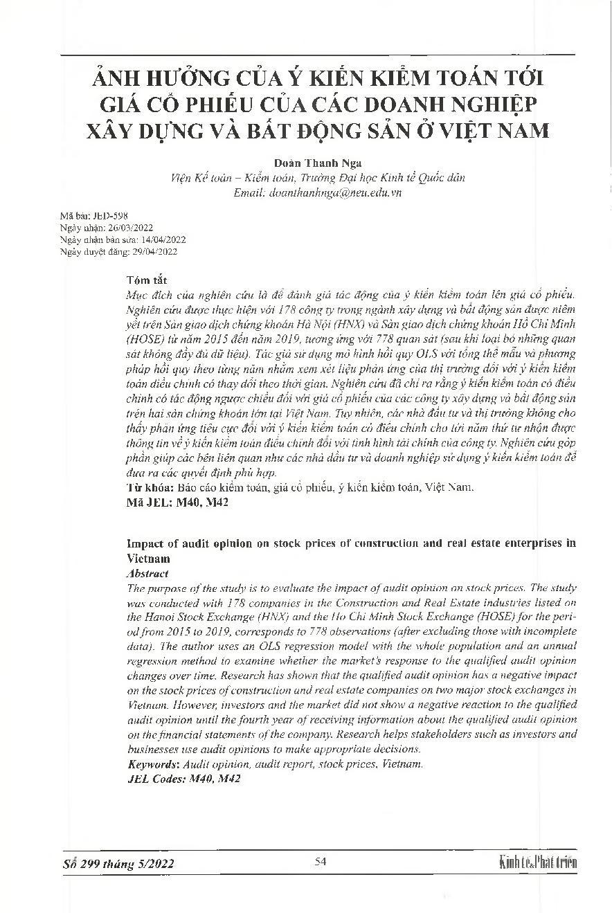 Ảnh hưởng của ý kiến kiểm toán tới giá cổ phiếu của các doanh nghiệp xây dựng và bất động sản ở Việt Nam = Impact of audit opinion on stock prices of construction and real estate enterprises in Vietnam