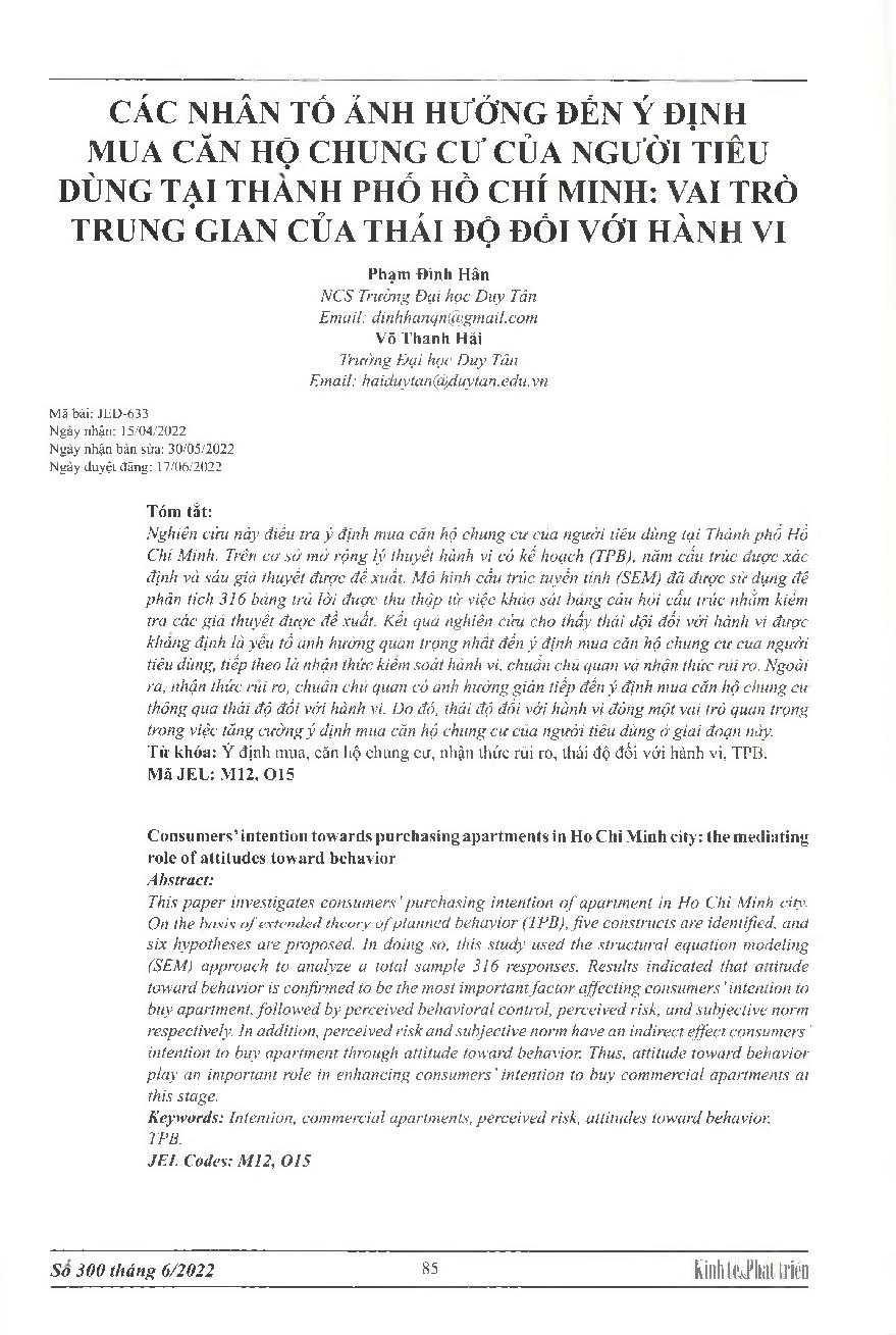 Các nhân tố ảnh hưởng đến ý định mua căn hộ chung cư của người tiêu dùng tại thành phố Hồ Chí Minh: Vai trò trung gian của thái độ đối với hành vi = Consumers intention towards purchasing apartments in Ho Chi Minh city: the mediating role of attitudes tow