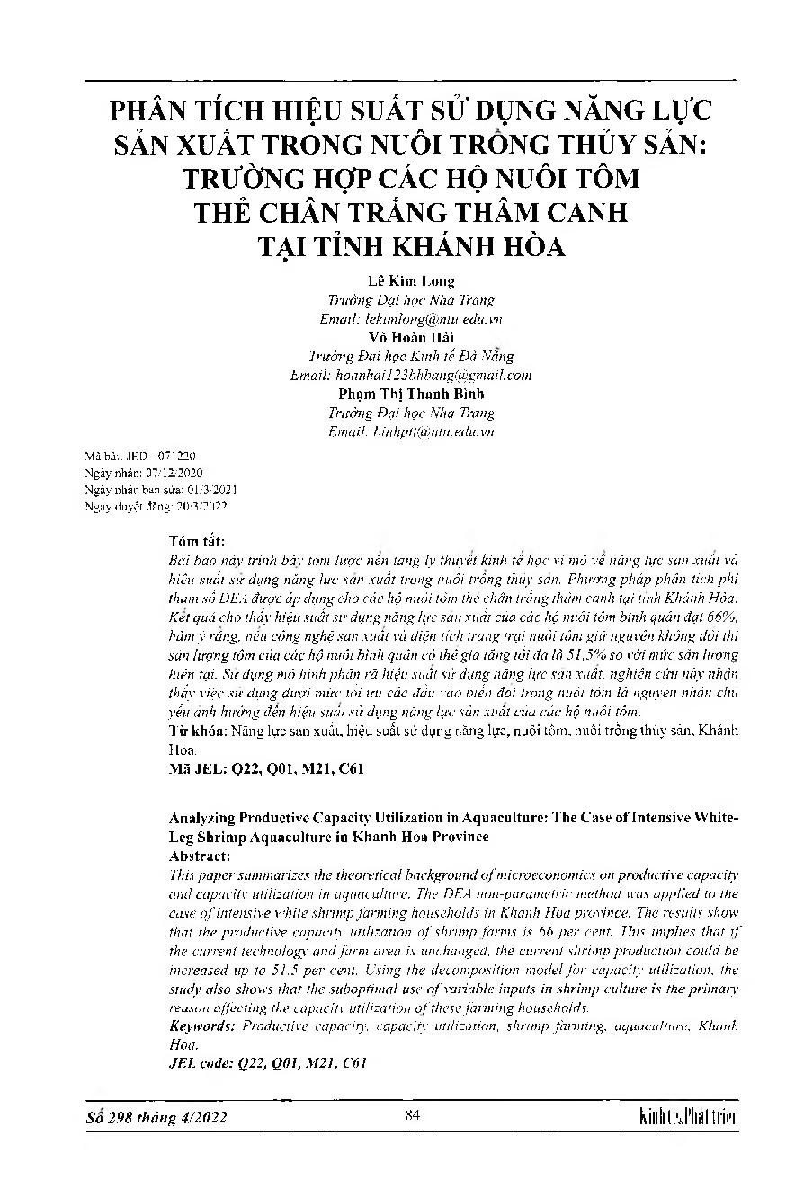 Phân tích hiệu suất sử dụng năng lực sản xuất trong nuôi trồng thủy sản: Trường hợp các hộ nuôi tôm thẻ chân trắng thâm canh tại tỉnh Khánh Hòa = Analyzing Productive Capacity Utilization in Aquaculture: The Case ofIntensive WhiteLeg Shrimp Aquaculture in