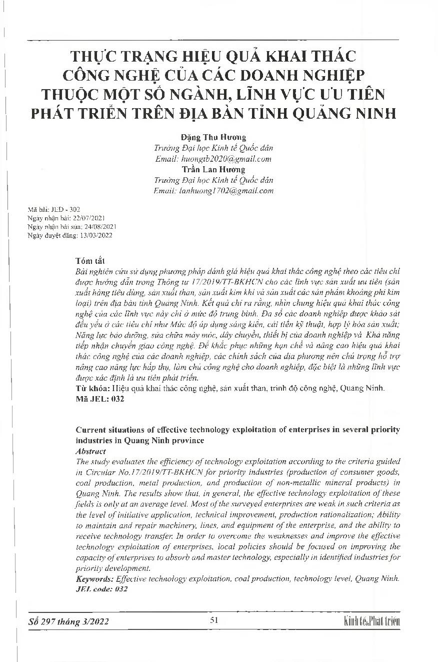 Thực trạng hiệu quả khai thác công nghệ của các doanh nghiệp thuộc một số ngành, lĩnh vực ưu tiên phát triển trên địa bàn tỉnh Quảng Ninh = Current situations of effective technology exploitation of enterprises in several priority industries in Quang Ninh