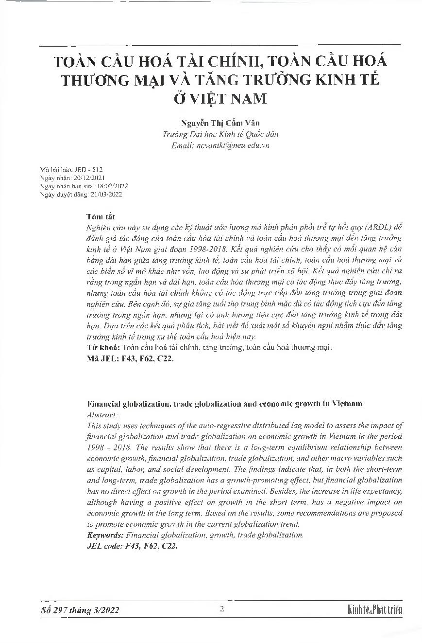 Toàn cầu hoá tài chính, toàn cầu hoá thương mại và tăng trưởng kinh tế ở Việt Nam = Financial globalization, trade globalization and economic growth in Vietnam