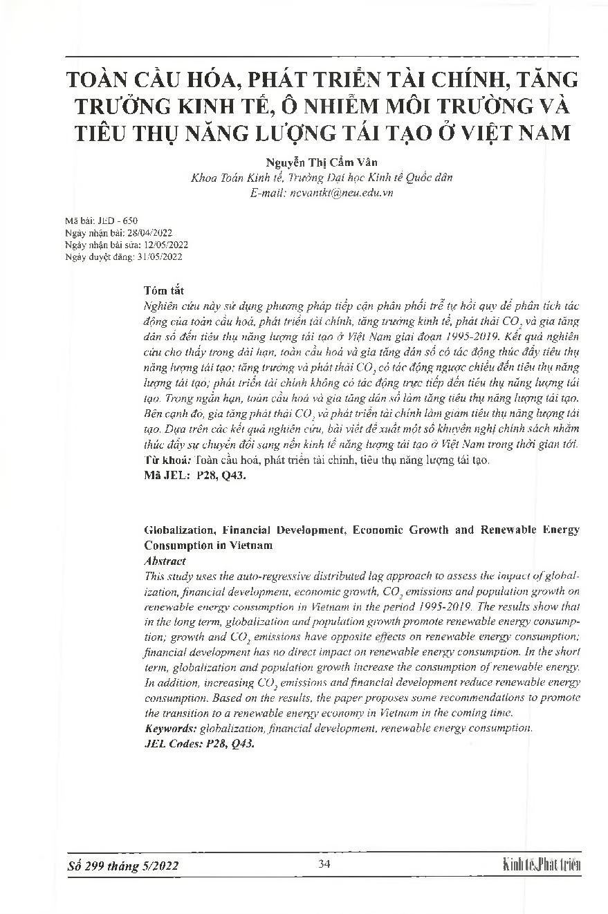 Toàn cầu hóa, phát triển tài chính, tăng trưởng kinh tế, ô nhiễm môi trường và tiêu thụ năng lượng tái tạo ở Việt Nam = Globalisation, Financial Development, Economic Growth and Renewable Energy Consumption in Vietnam