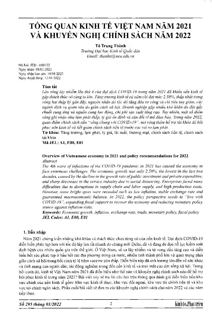 Tổng quan kinh tế Việt Nam năm 2021 và khuyến nghị chính sách năm 2022 = Overview of Vietnamese economy in 2021 and policy recommendations for 2022