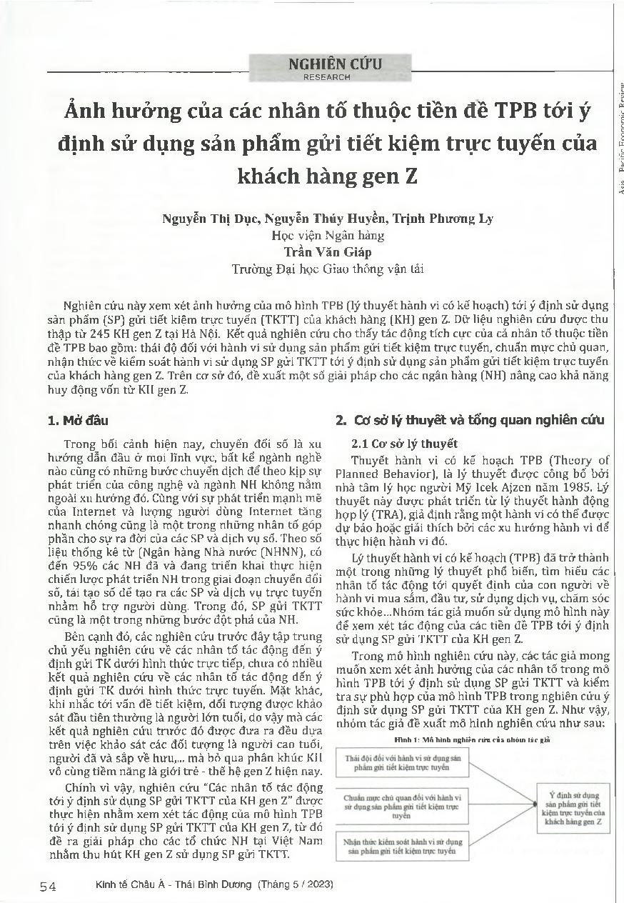 Ảnh hưởng của các nhân tố thuộc tiền đê TPB tới ý định sử dụng sản phẩm gửi tiết kiệm trực tuyến của khách hàng gen z