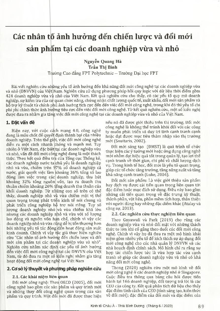 Các nhân tố ảnh hưởng đến chiến lược và đổi mới sản phẩm tại các doanh nghiệp vừa và nhỏ
