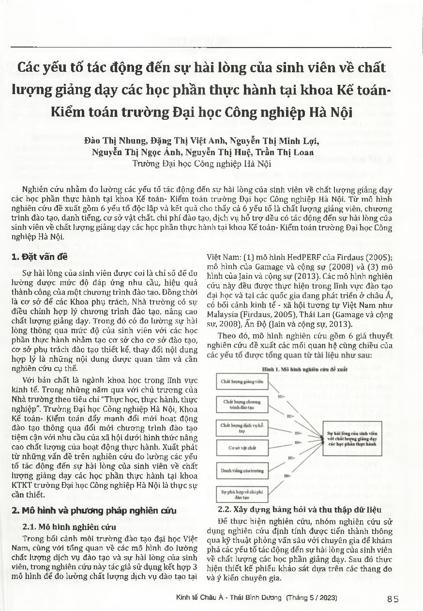 Các yếu tố tác động đến sự hài lòng của sinh viên về chất lượng giảng dạy các học phần thực hành tại khoa Kế toán- Kiểm toán trường Đại học Công nghiệp Hà Nội