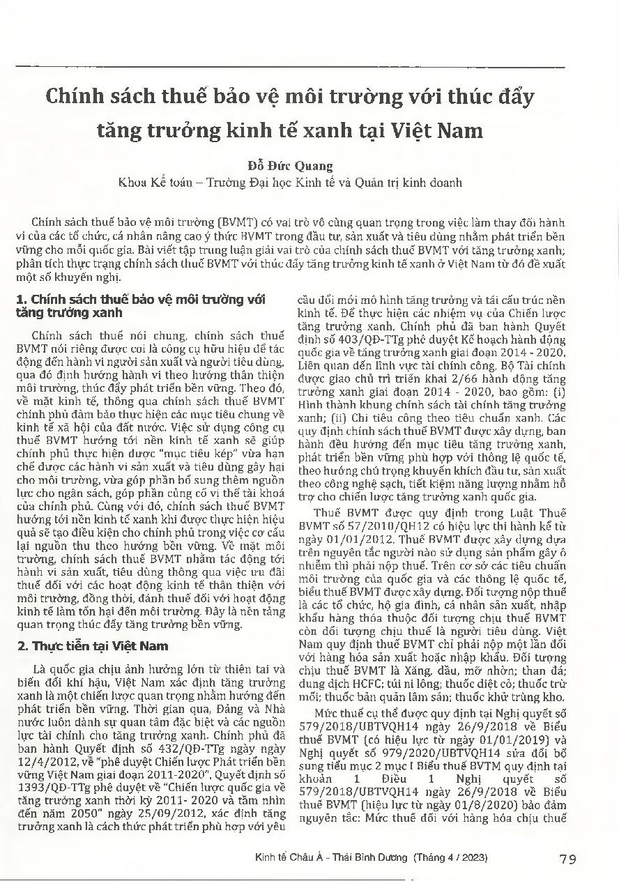 Chính sách thuê bảo vệ môi trường với thúc đẩy tăng trưởng kinh tế xanh tại Việt Nam