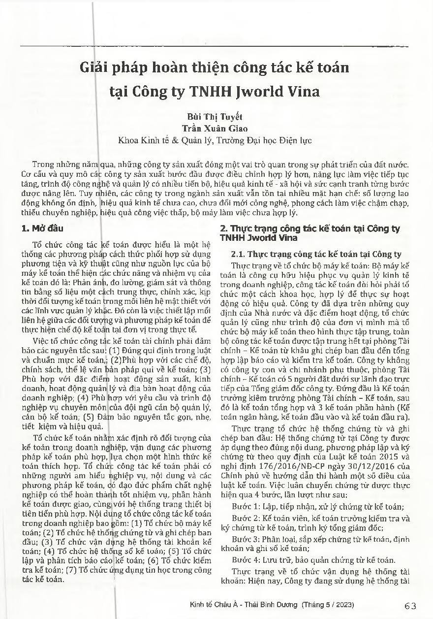 Giải pháp hoàn thiện công tác kế toán tại Công ty TNHH Jworld Vina