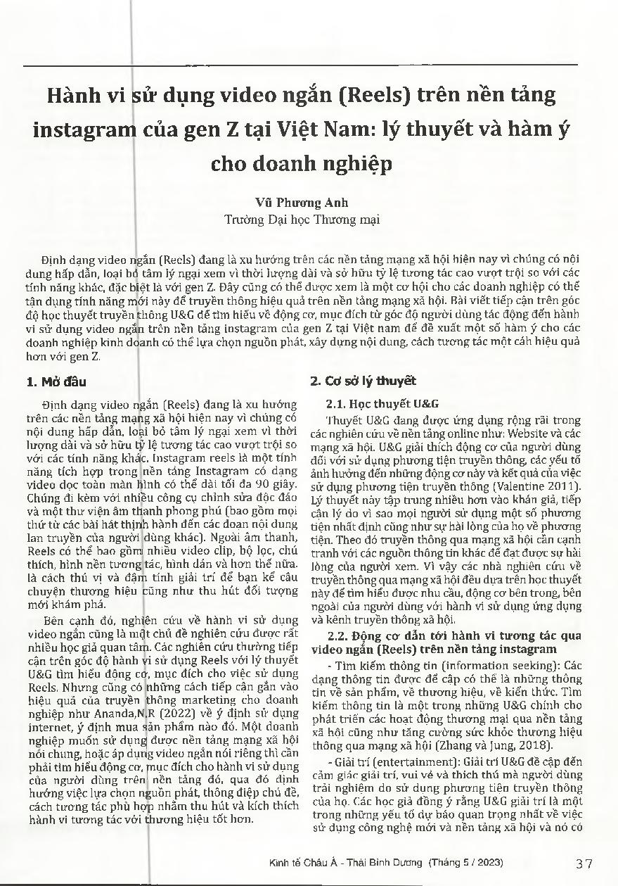Hành vi sử dụng video ngắn (Reels) trên nền tảng Instagram của gen z tại Việt Nam: lý thuyết và hàm ý cho doanh nghiệp