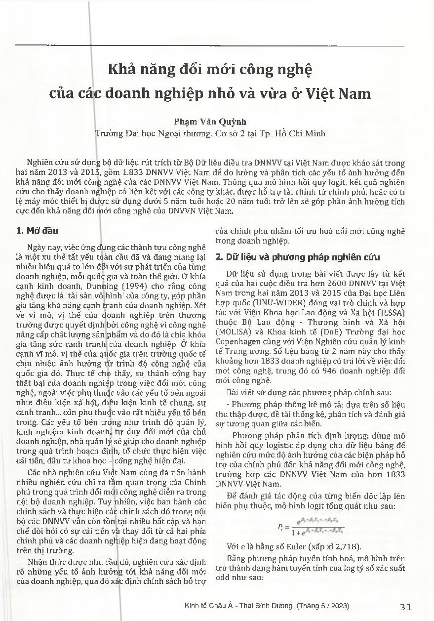 Khả năng đổi mới công nghệ của các doanh nghiệp nhỏ và vừa ở Việt Nam