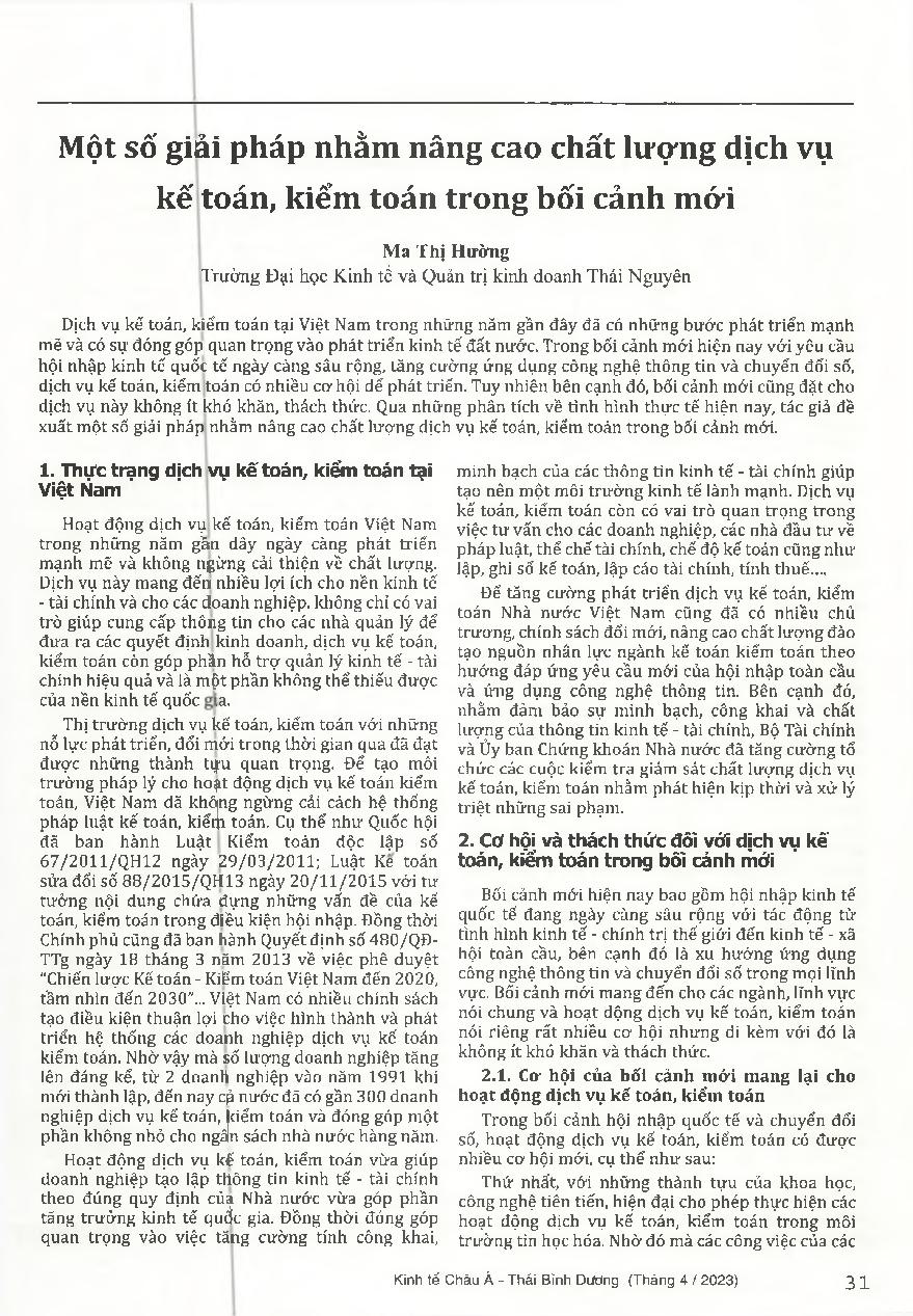 Một số giải pháp nhằm nâng cao chất lượng dịch vụ kế toán, kiểm toán trong bối cảnh mới