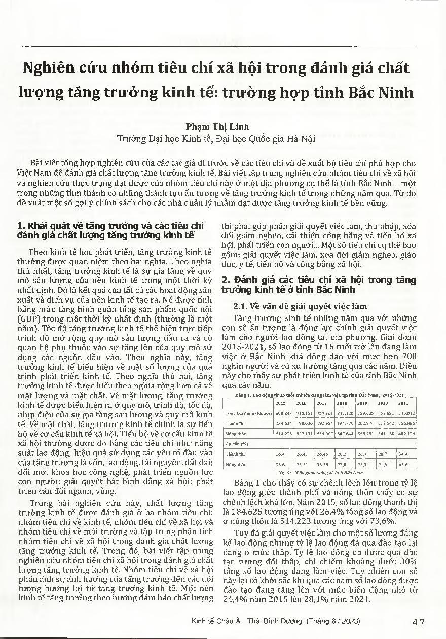 Nghiên cứu nhóm tiêu chí xã hội trong đánh giá chất lượng tăng trưởng kinh tế: trường hợp tỉnh Bắc Ninh