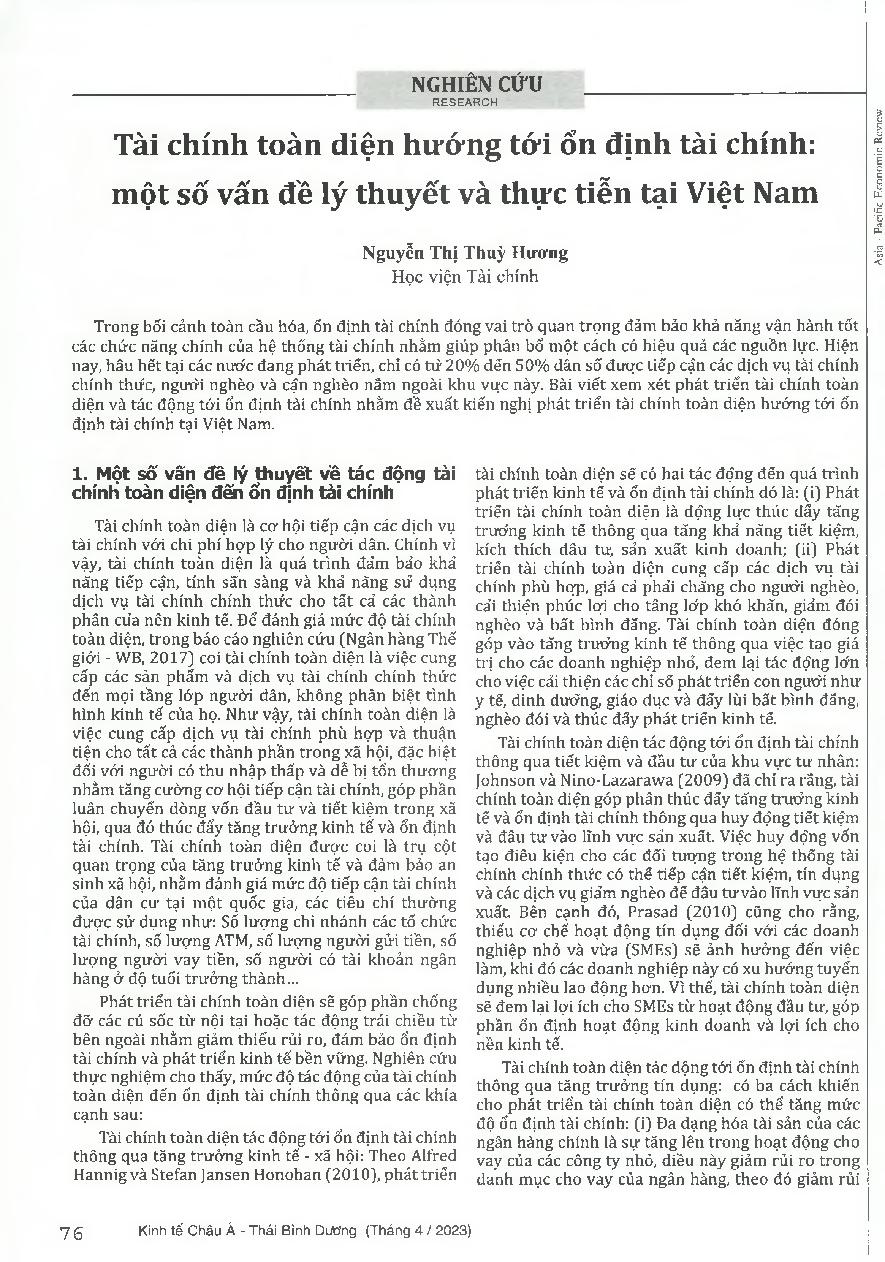 Tài chính toàn diện hướng tới ổn định tài chính: một số vấn đề lý thuyết và thực tiễn tại Việt Nam