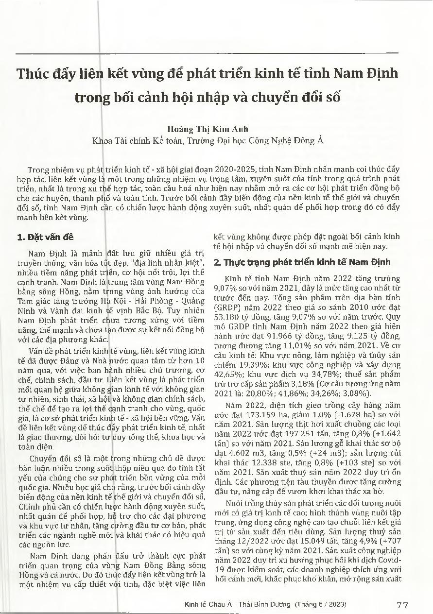 Thúc đẩy liên kết vùng để phát triển kinh tế tỉnh Nam Định trong bối cảnh hội nhập và chuyển đổi số