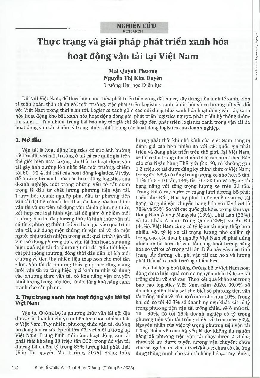 Thực trạng và giải pháp phát triển xanh hóa hoạt động vận tải tại Việt Nam