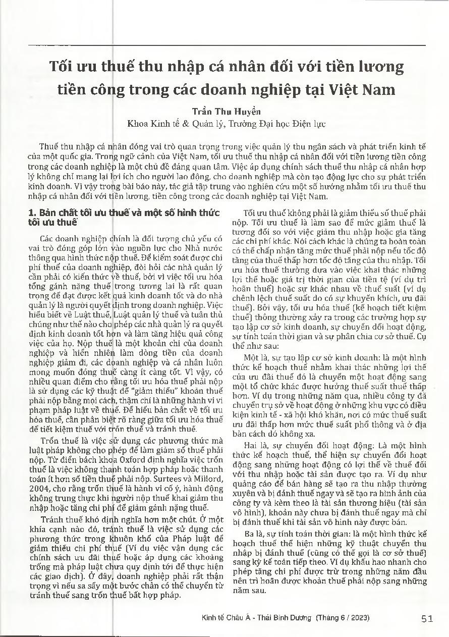 Tối ưu thuế thu nhập cá nhân đối với tiền lương tiền công trong các doanh nghiệp tại Việt Nam