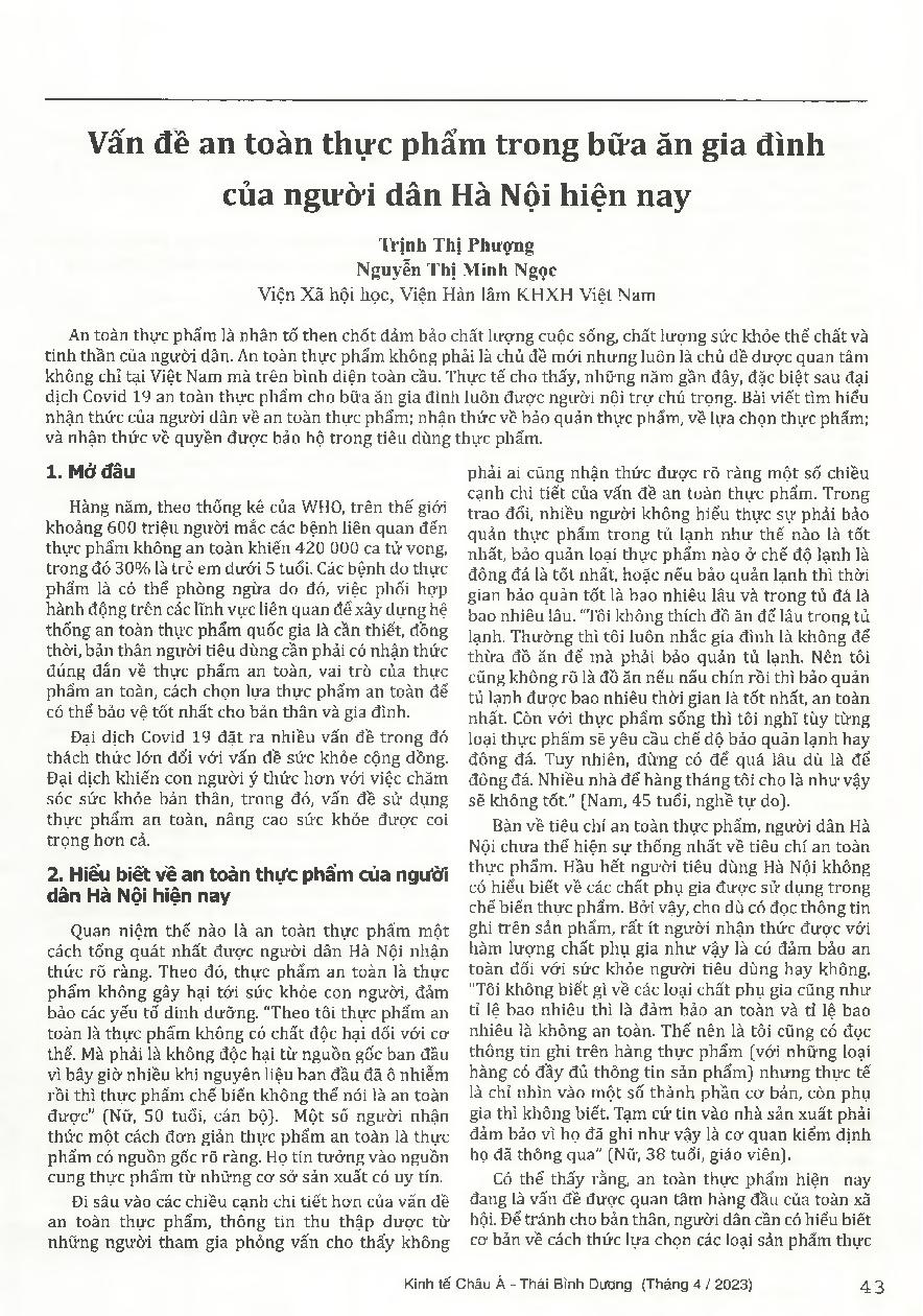 Vấn đề an toàn thực phẩm trong bữa ăn gia đình của người dân Hà Nội hiện nay