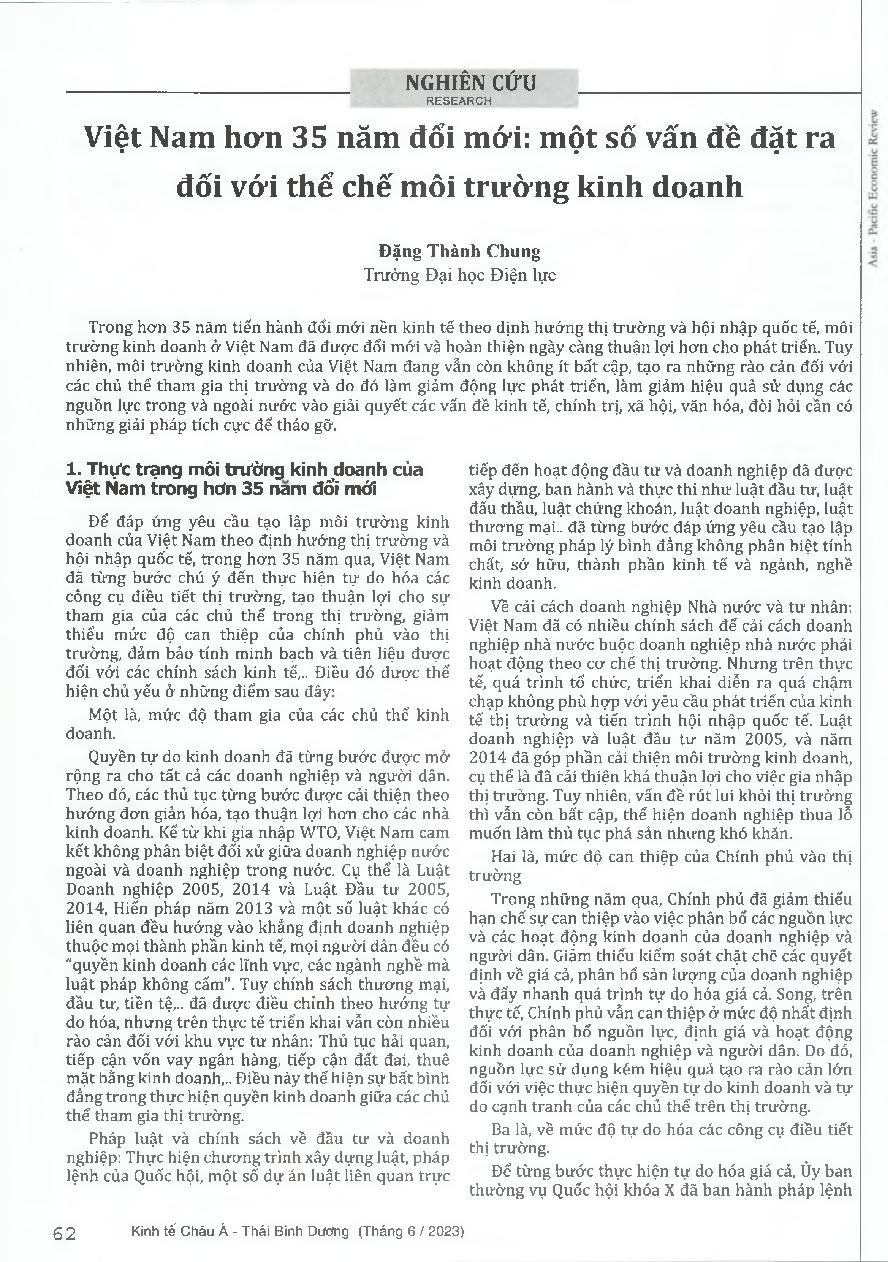 Việt Nam hơn 35 năm đổi mới: một số vấn đề đặt ra đối với thể chế môi trường kinh doanh