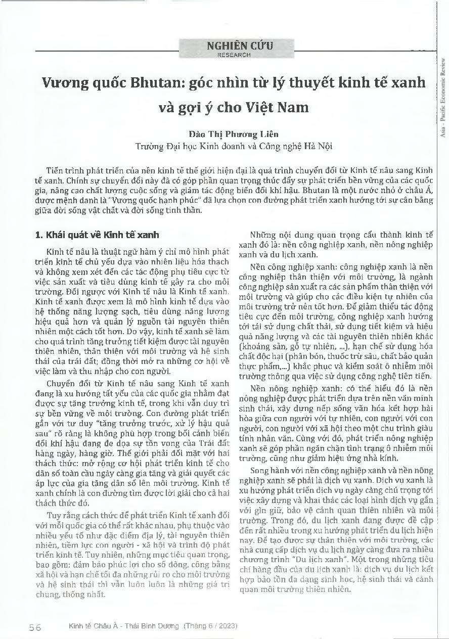 Vương quốc Bhutan: góc nhìn từ lý thuyết kinh tê xanh và gợi ý cho Việt Nam