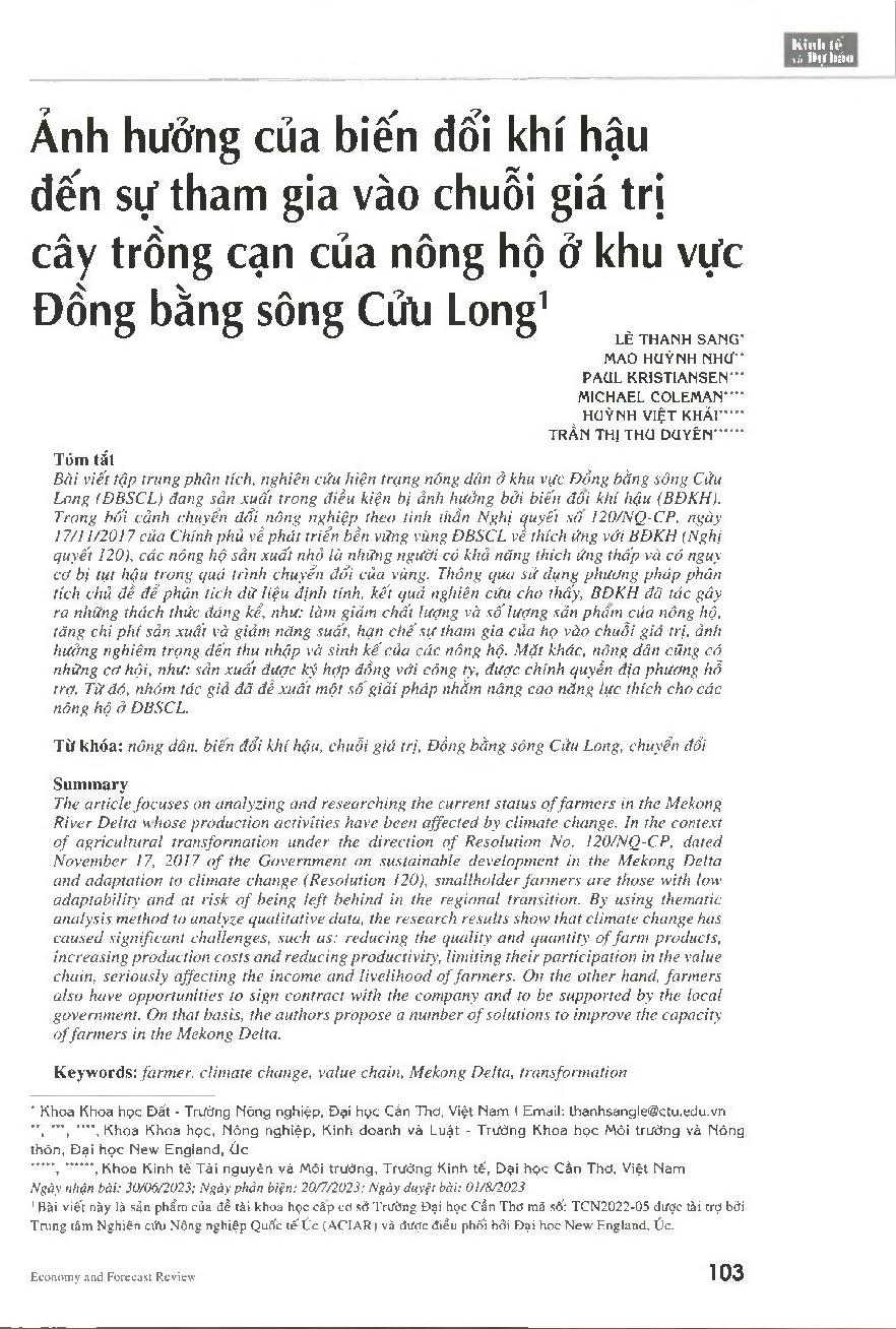 Ảnh hưởng của biến đổi khí hậu đến sự tham gia vào chuỗi giá trị cây trồng cạn của nông hộ ở khu vực Đồng bằng sông Cửu Long
