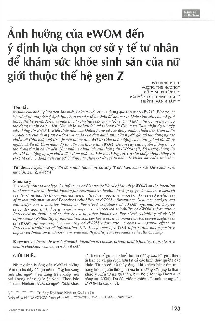 Ảnh hưởng của eWOM đến ý định lựa chọn cơ sở y tế tư nhân để khám sức khỏe sinh sản của nữ giới thuộc thế hệ gen Z = Influence of eWOM on the intention to choose a private health facility for reproductive health checkup of gen Z women