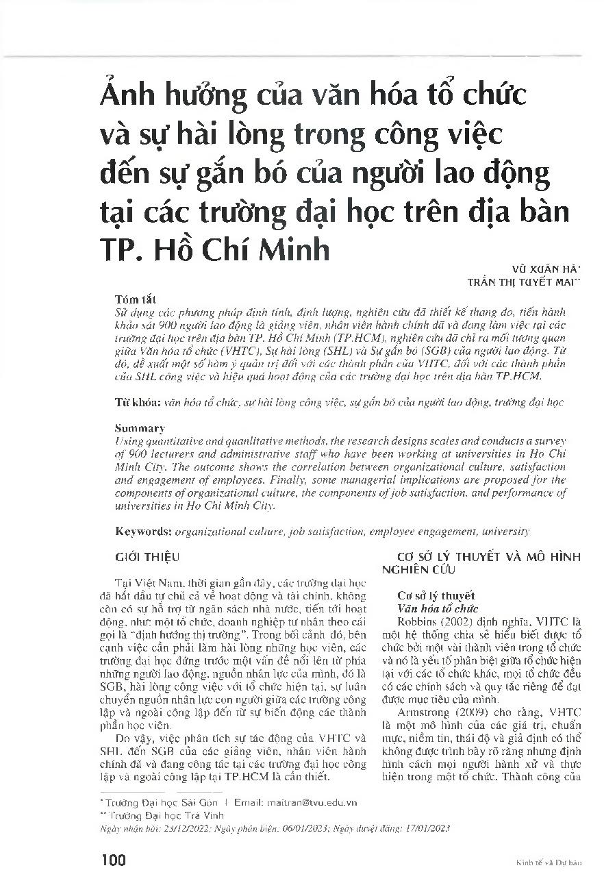 Ảnh hưởng của văn hóa tổ chức và sự hài lòng trong công việc đến sự gắn bó của người lao động tại các trường đại học trên địa bàn TP. Hồ Chí Minh = Influence of organizational culture and job satisfaction on employee engagement to universities in Ho Chi M