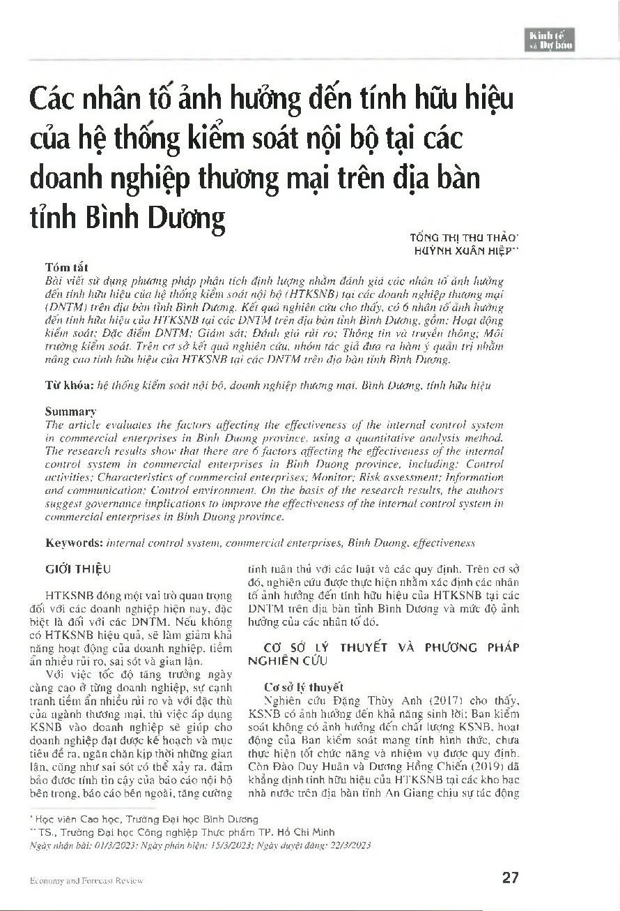 Các nhân tố ảnh hưởng đến tinh hữu hiệu của hệ thống kiểm soát nội bộ tại các doanh nghiệp thương mại trên địa bàn tỉnh Bình Dương