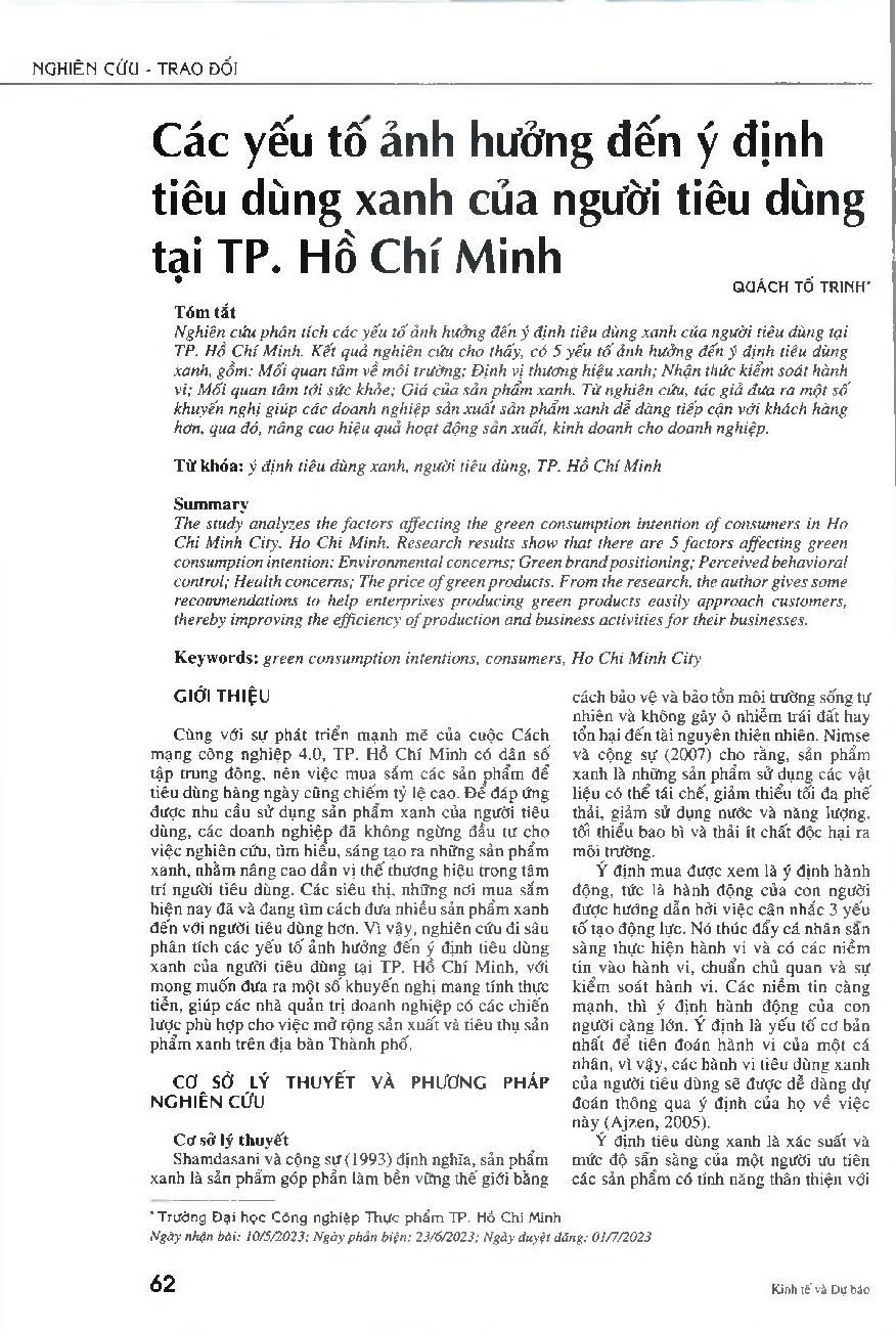 Các yếu tố ảnh hưởng đến ý định tiêu dùng xanh của người tiêu dùng tại TP. Hồ Chí Minh