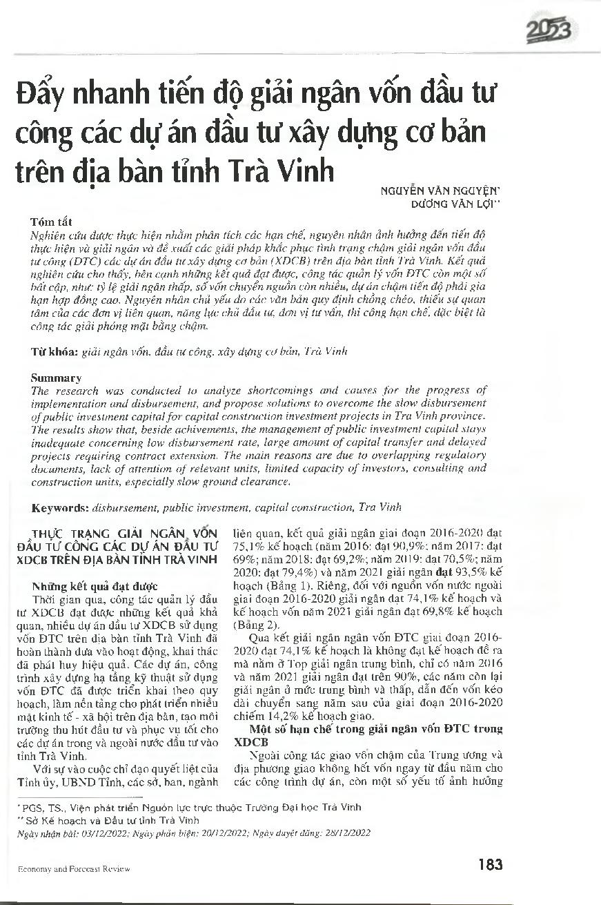 Đẩy nhanh tiến độ giải ngân vốn đầu tư công các dự án đầu tư xây dựng cơ bản trên địa bàn tỉnh Trà Vinh = Speeding up the disbursement of public investment capital for capital construction investment projects in Tra Vinh province