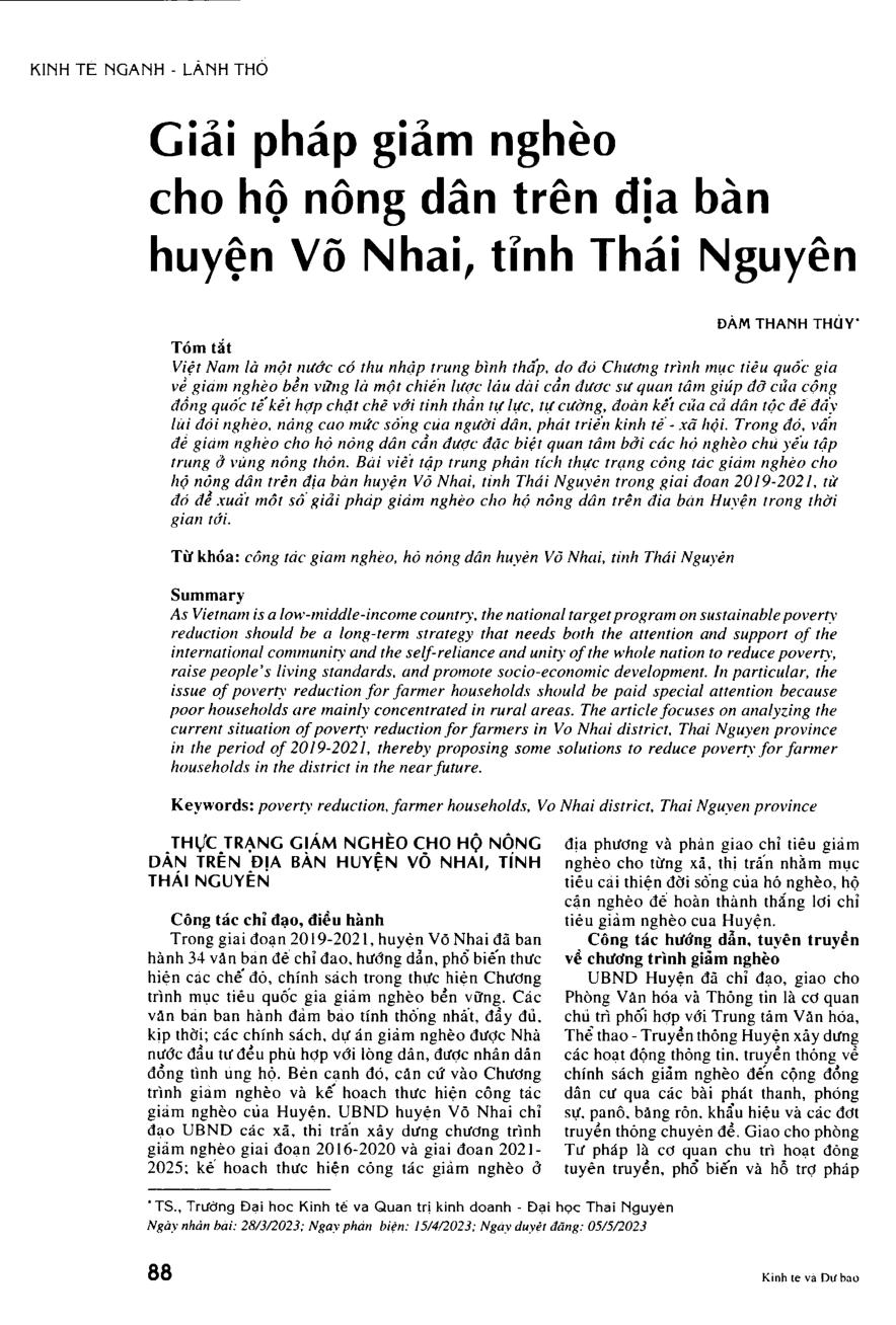 Giải pháp giảm nghèo cho hộ nông dân trên địa bàn huyện Võ Nhai, tỉnh Thái Nguyên