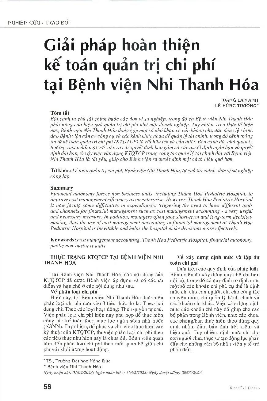 Giải pháp hoàn thiện kế toán quản trị chi phí tại Bệnh viện Nhi Thanh Hóa = Solutions for improving cost management accounting at Thanh Hoa Pediatric Hospital