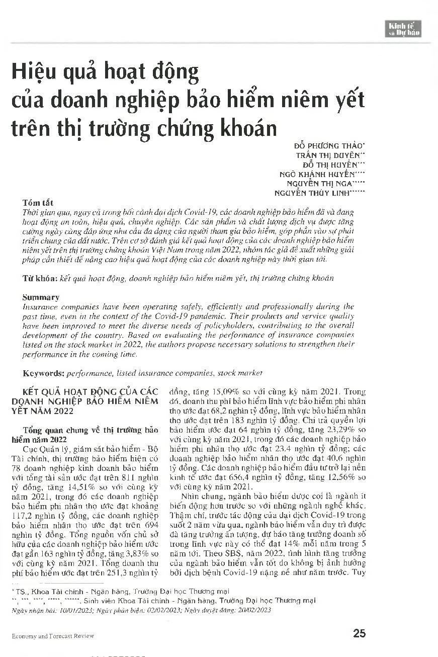 Hiệu quả hoạt động của doanh nghiệp bảo hiểm niêm yết trên thị trường chứng khoán = Performance of insurance companies listed on the stock market