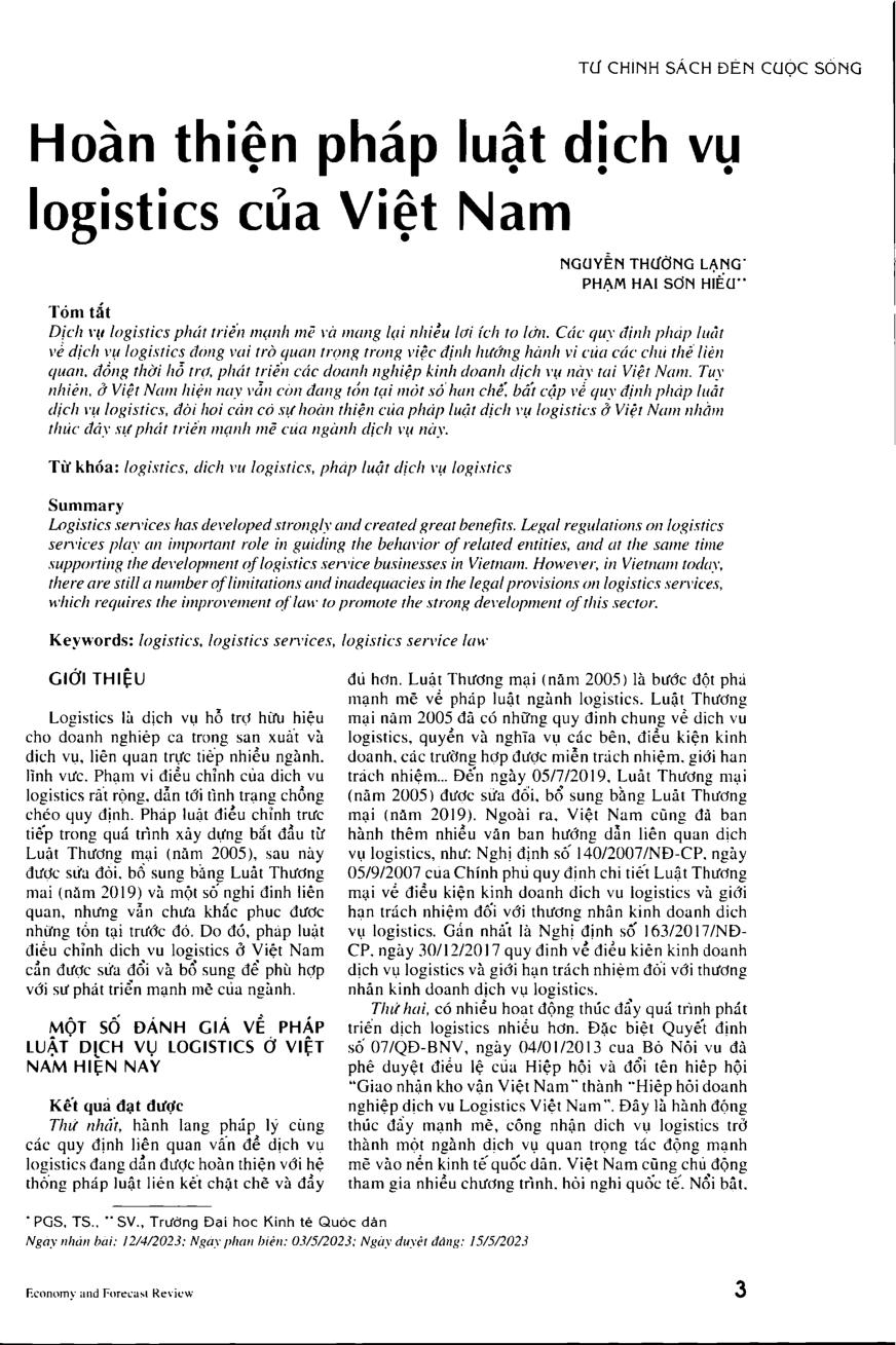 Hoàn thiện pháp luật dịch vụ logistics của Việt Nam