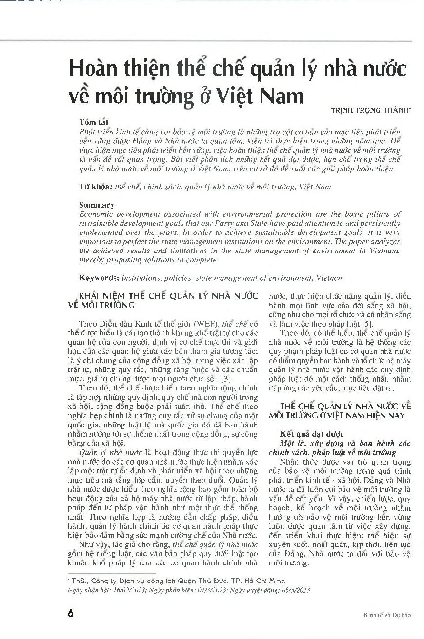 Hoàn thiện thể chế quản lý nhà nước về môi trường ở Việt Nam