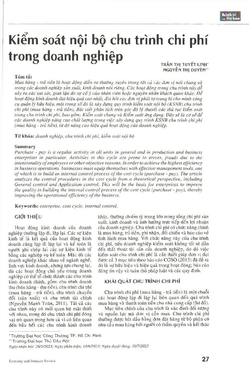 Kiểm soát nội bộ chu trình chi phí trong doanh nghiệp