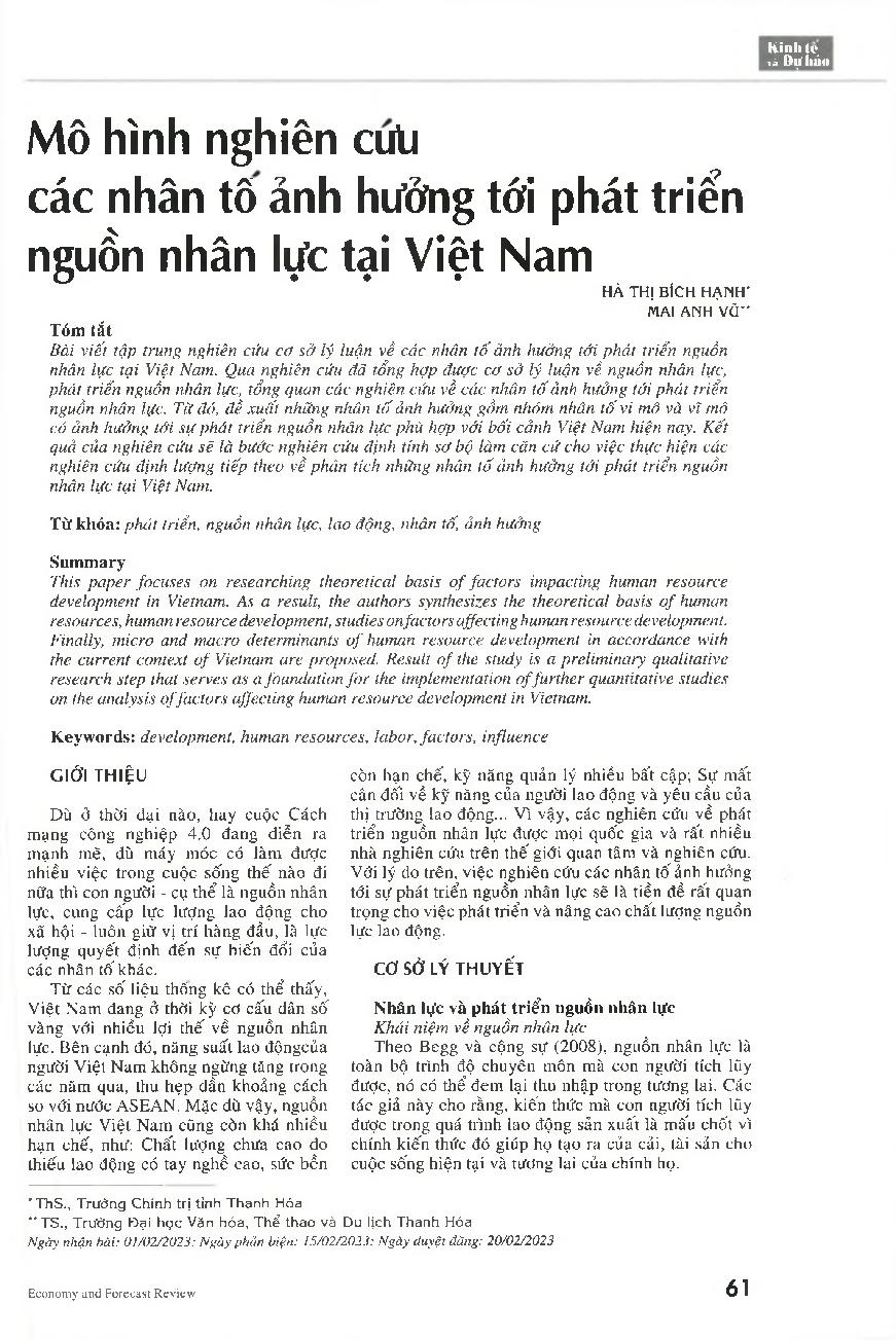 Mô hình nghiên cứu các nhân tố ảnh hưởng tới phát triển nguồn nhân lực tại Việt Nam = Research model of factors affecting human resource development in Vietnam