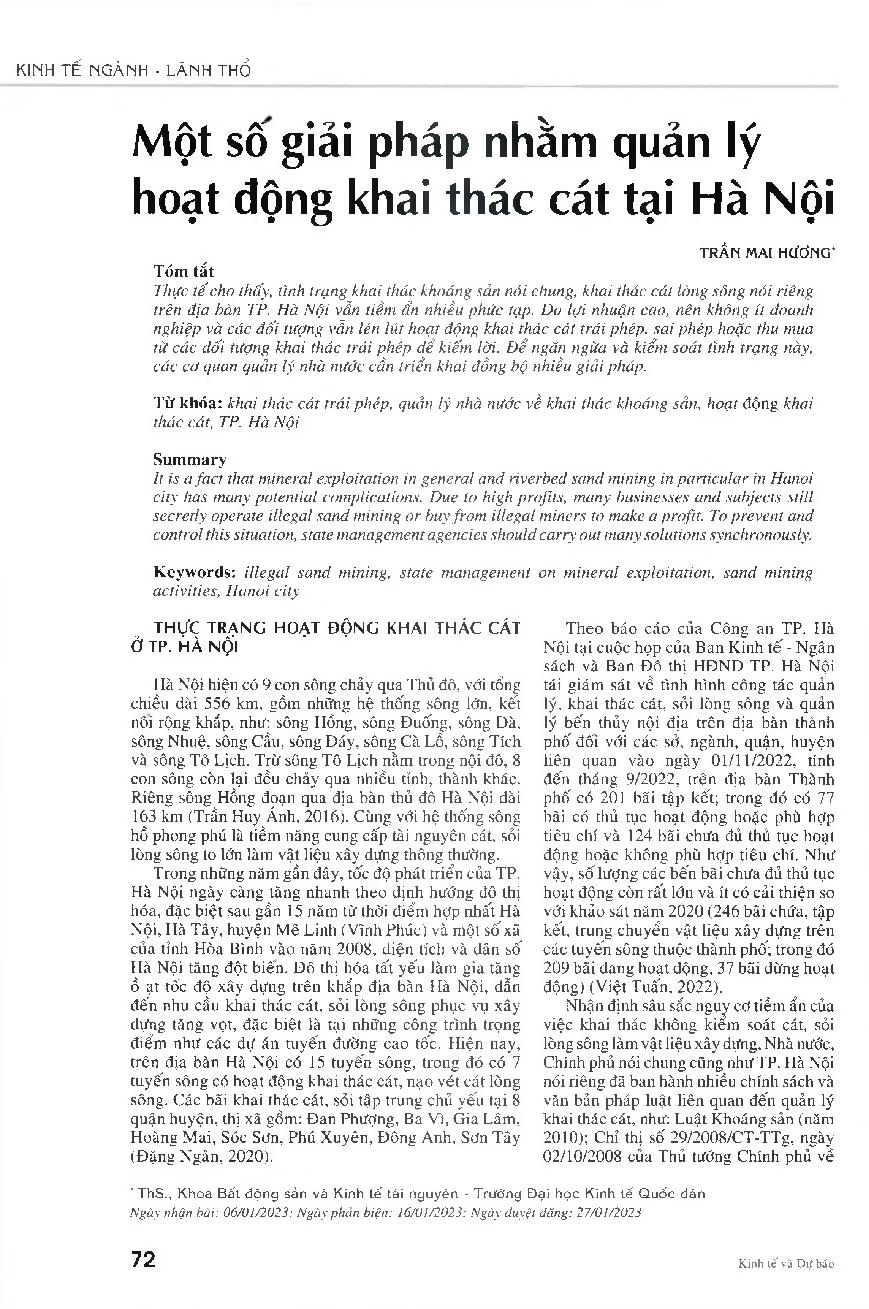 Một số giải pháp nhằm quản lý hoạt động khai thác cát tại Hà Nội = Some schemes to manage sand mining in Hanoi