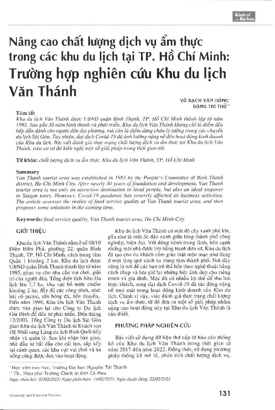 Nâng cao chất lượng dịch vụ ẩm thực trong các khu du lịch tại TP. Hồ Chí Minh: Trường hợp nghiên cứu Khu du lịch Văn Thánh = Improving food service quality in tourist areas in Ho Chi Minh City: A case study of Van Thanh tourist area