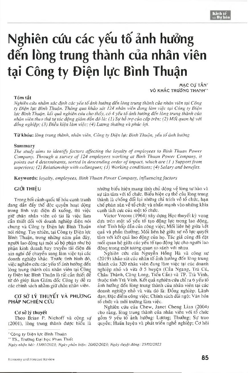 Nghiên cứu các yếu tố ảnh hưởng đến lòng trung thành của nhân viên tại Công ty Điện lực Bình Thuận = A study on factors affecting the loyalty of employees to Binh Thuan Power Company