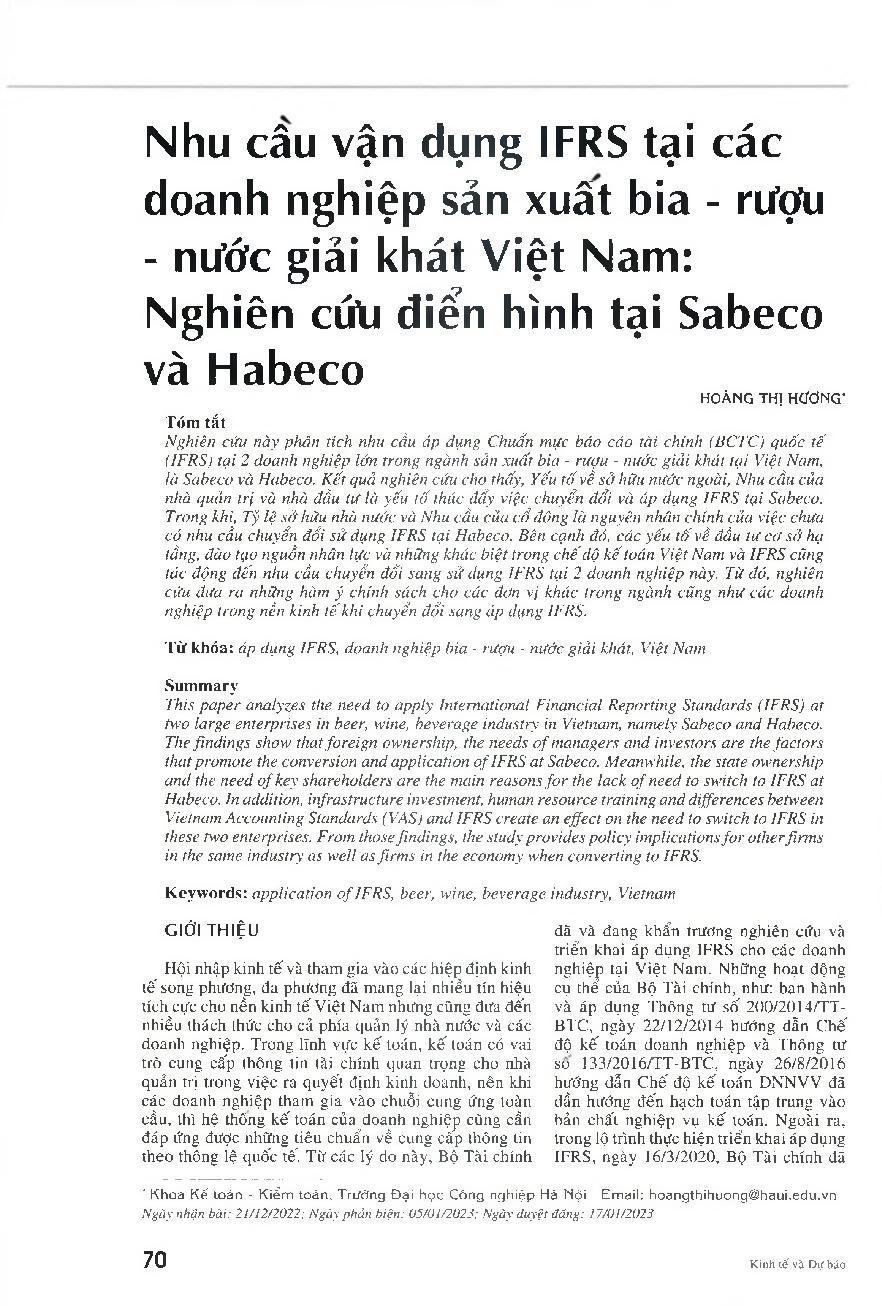 Nhu cầu vận dụng IFRS tại các doanh nghiệp sản xuất bia - rượu - nước giải khát Việt Nam: Nghiên cứu điển hình tại Sabeco và Habeco = The need to apply IFRS in Vietnamese enterprises in beer, wine, beverage industry: Case studies at Sabeco and Habeco