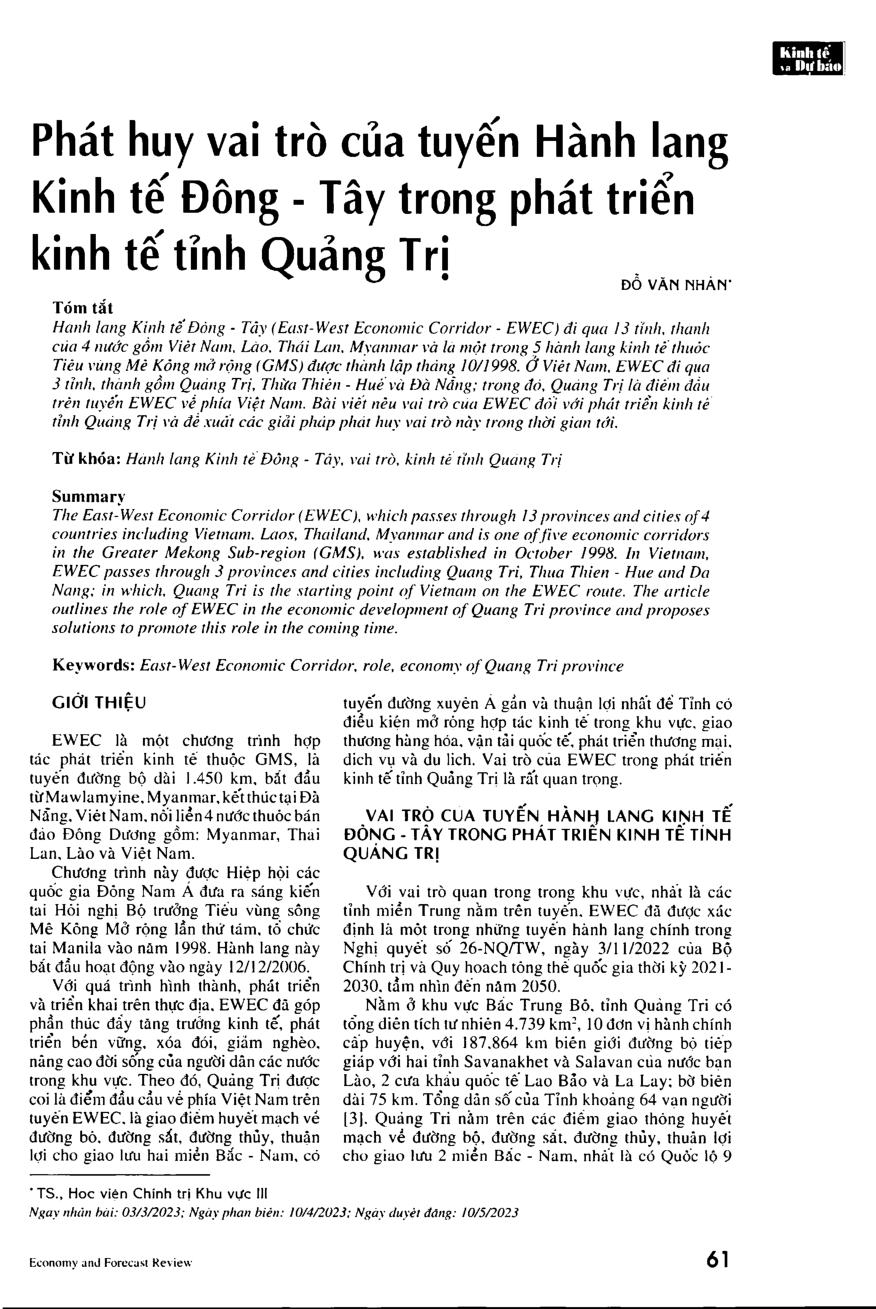 Phát huy vai trò của tuyến Hành lang Kinh tế Đông - Tây trong phát triển kinh tế tỉnh Quảng Trị