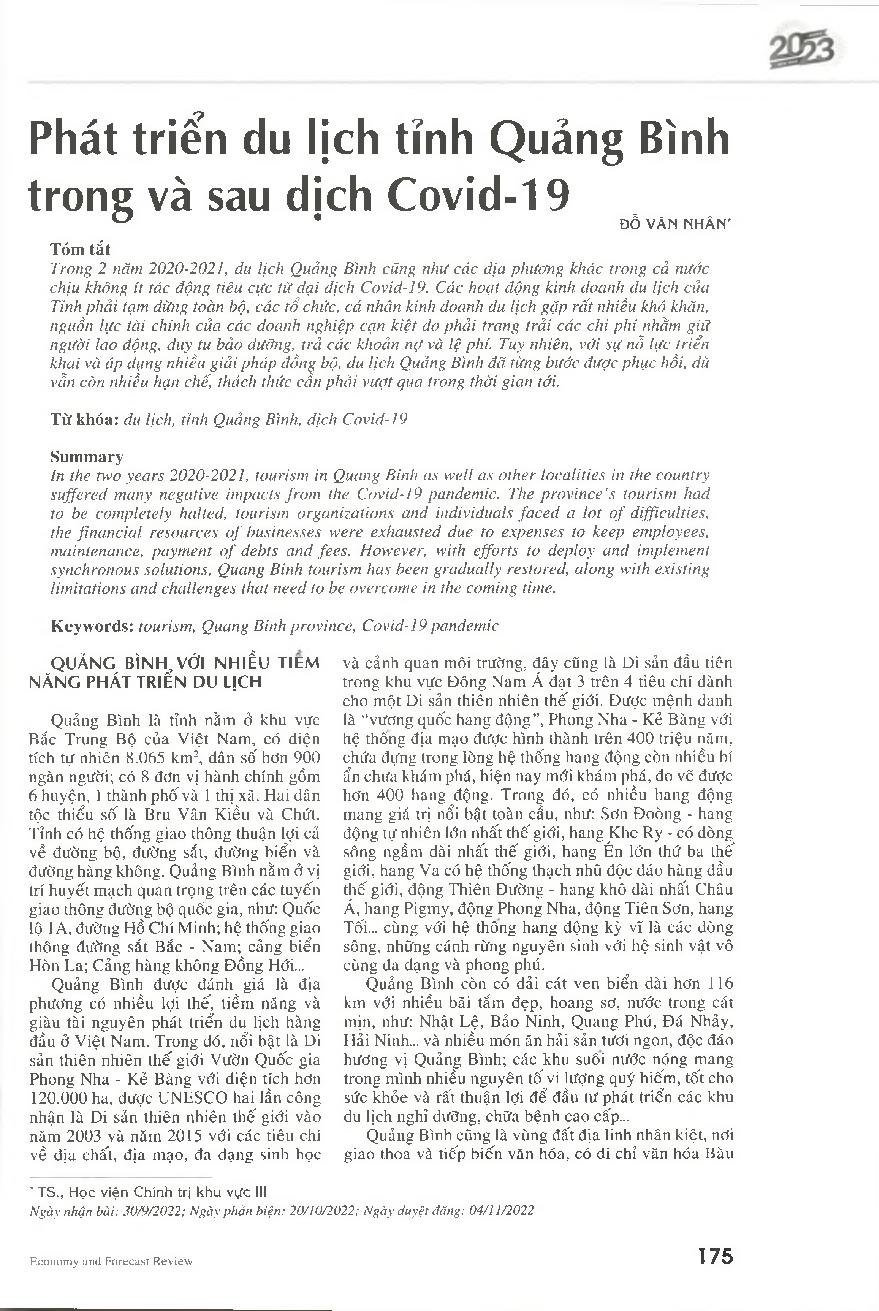 Phát triển du lịch tỉnh Quảng Bình trong và sau dịch Covid-19 = Boosting tourism in Quang Binh province during and after the Covid-19 epidemic