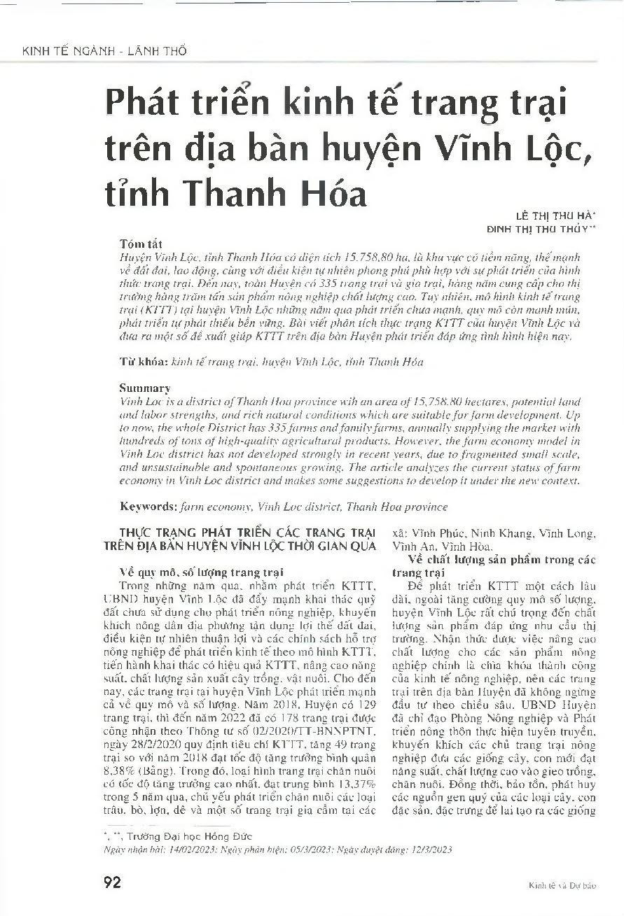 Phát triển kinh tế trang trại trên địa bàn huyện Vĩnh Lộc, tỉnh Thanh Hóa