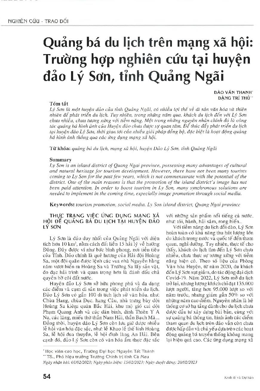 Quảng bá du lịch trên mạng xã hội: Trường hợp nghiên cứu tại huyện đảo Lý Sơn, tỉnh Quảng Ngãi = Promoting tourism via social media: The case study of Ly Son island district, Quang Ngai province
