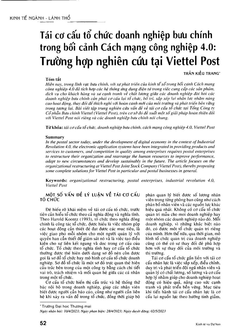 Tại cơ cấu tổ chức doanh nghiệp bưu chính trong bối cảnh Cách mạng công nghiệp 4.0: Trường hợp nghiên cứu tại Viettel Post